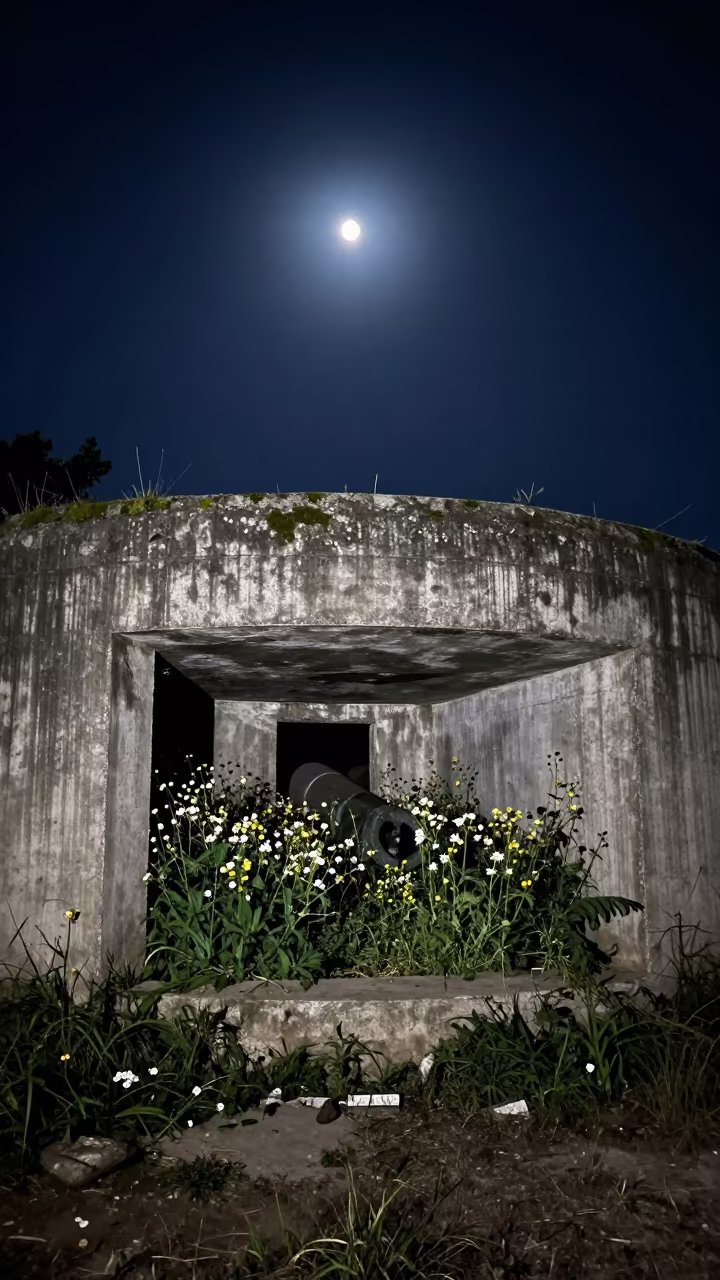Moonlit Gun Emplacement Ruin with Wildflowers in near Veracruz