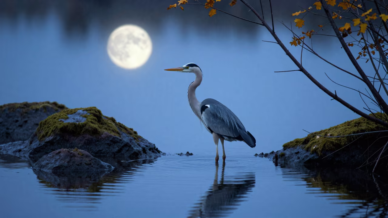 Moonlit Heron on Kazakh Pond in along a game trail in Kazakhstan