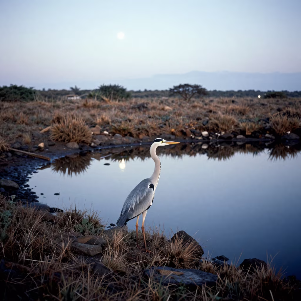 Moonlit Heron on Wind-Scoured Dakar Ridge in on a wind-scoured ridge near Goree Island, Dakar