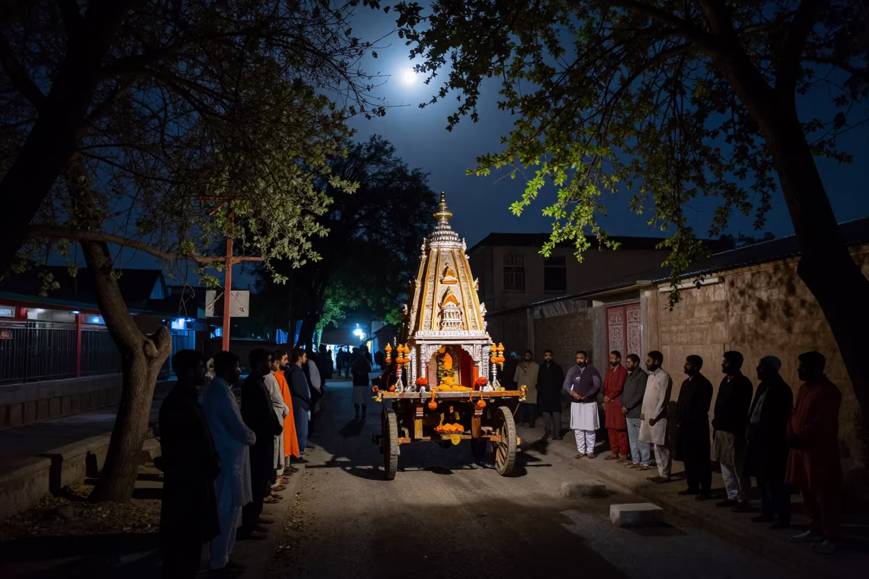 Moonlit Hindu Chariot Procession at Sacred Pool in at the edge of a sacred pool in Hafizabad
