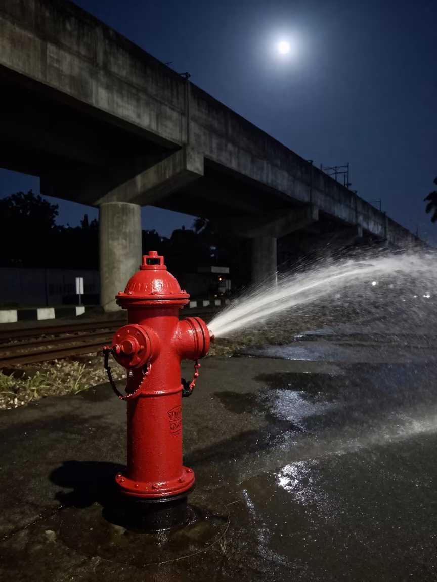 Moonlit Hydrant Spray Under Yogyakarta Train in under an elevated train line in Yogyakarta
