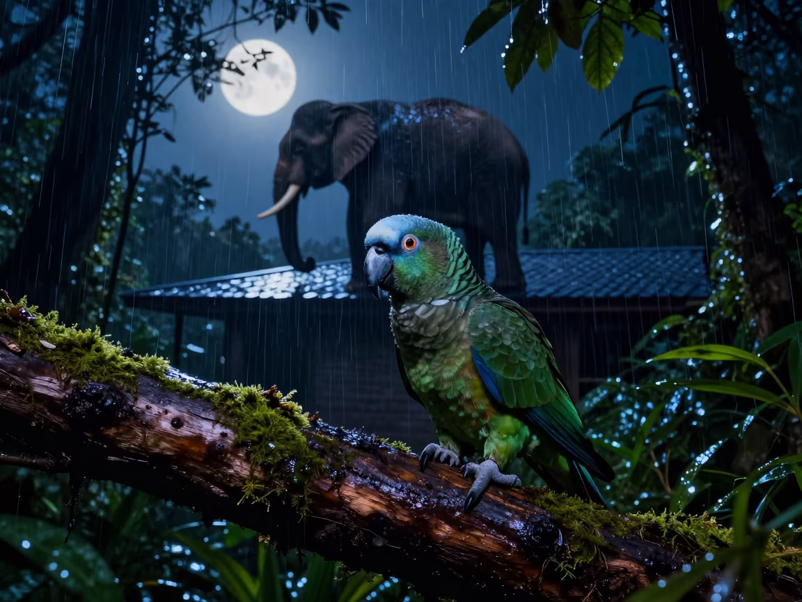 Moonlit Kakapo on Mossy Log Night in along a game trail in Cuba
