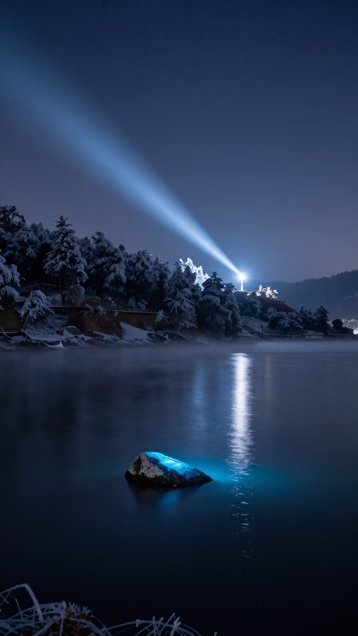 Moonlit Lake Glowing Under Stars in from a frost-hushed ridgeline near Pokhara