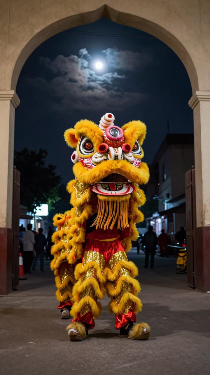 Moonlit Lion Dance in Kanpur Night in at a festival street procession near Kanpur