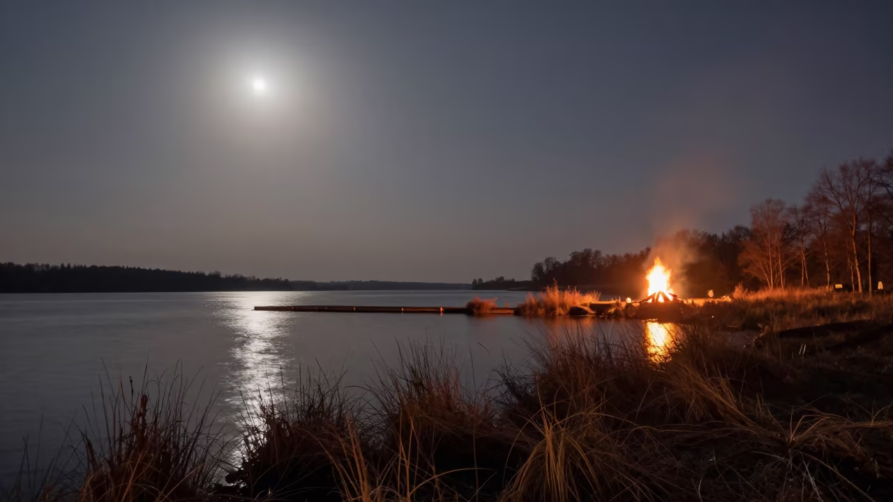 Moonlit Loch Bonfire Reflection Night in from a moonlit breakwater near Poznan