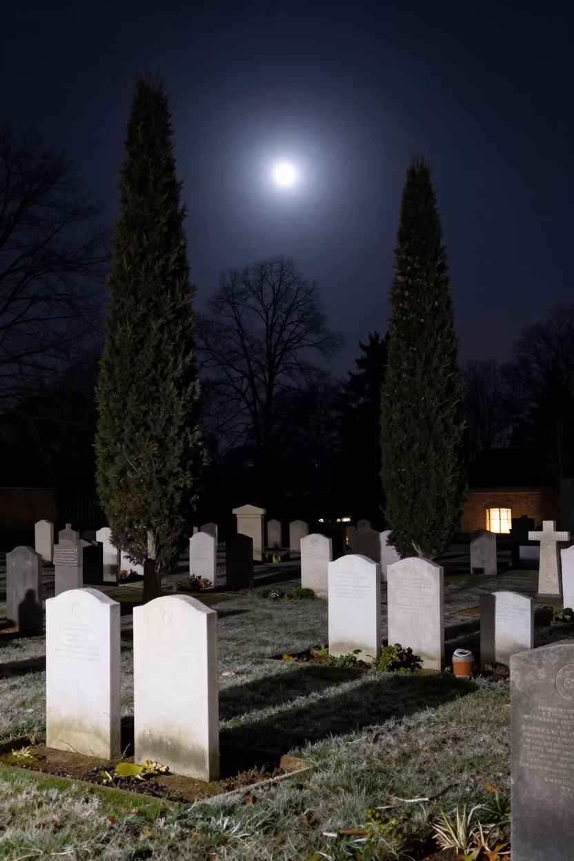 Moonlit Luxembourg Cemetery White Stones Cypress Shadows in under the clearest stretch of sky in Luxembourg