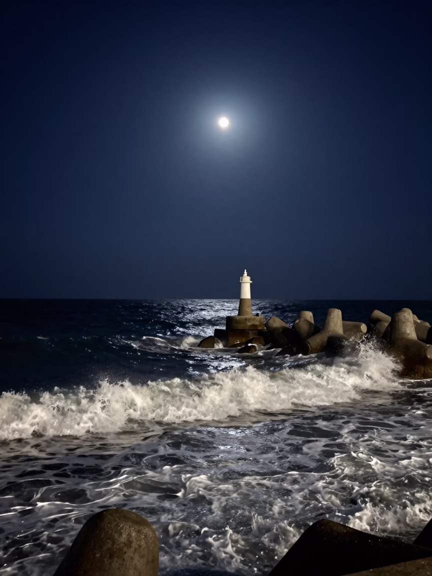 Moonlit Marseille Night Surf Breaking Against Lone Breakwater Beacon Under Deep Sky in in Marseille, France