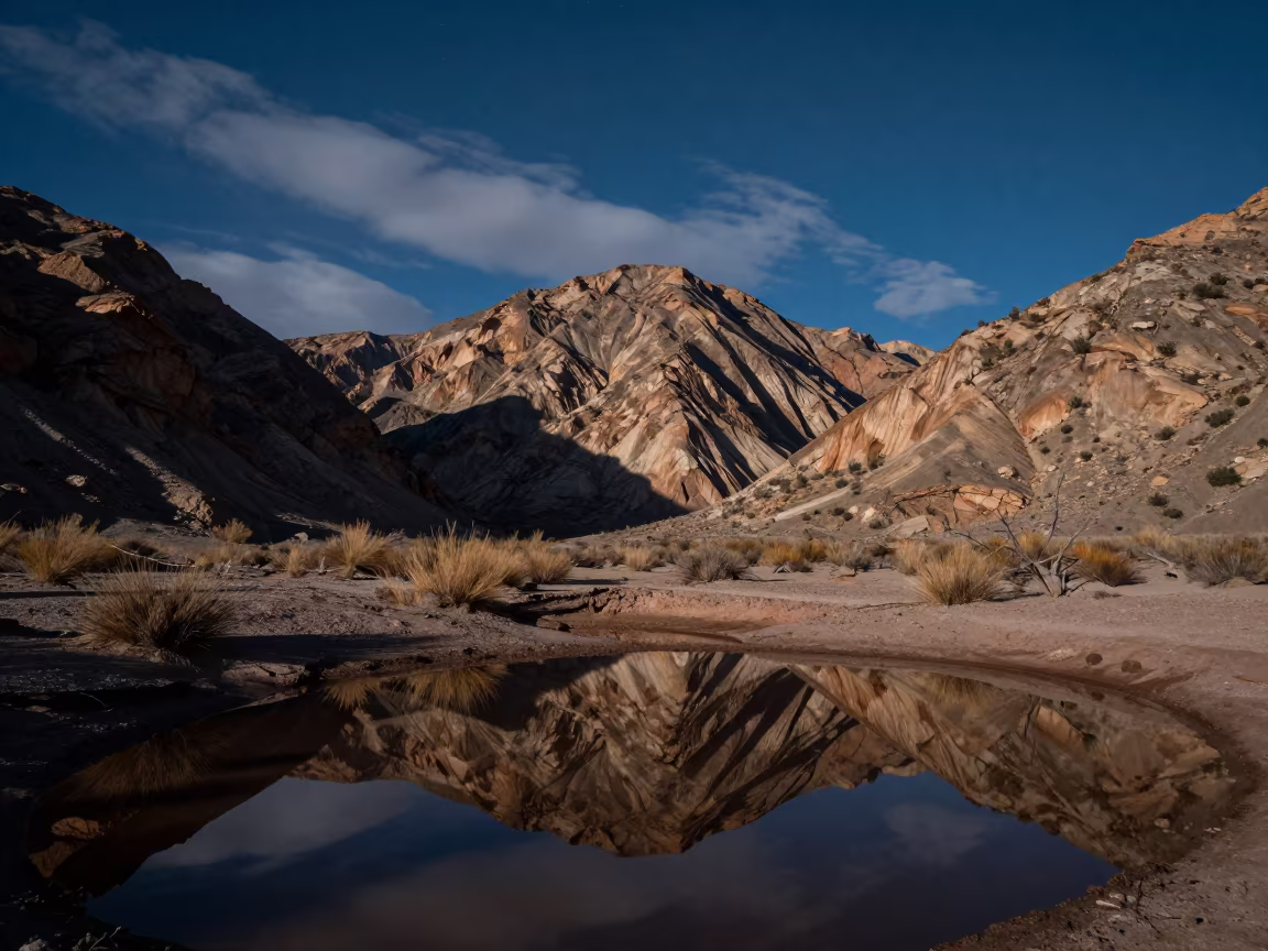 Moonlit Mesa Shadow Across Nevada Canyon in beneath thin cloud gaps and stars in Nevada