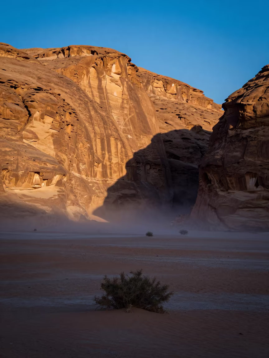 Moonlit Mesa Shadow Over Riyadh Canyon at Twilight in under a band of cold starlight near Riyadh
