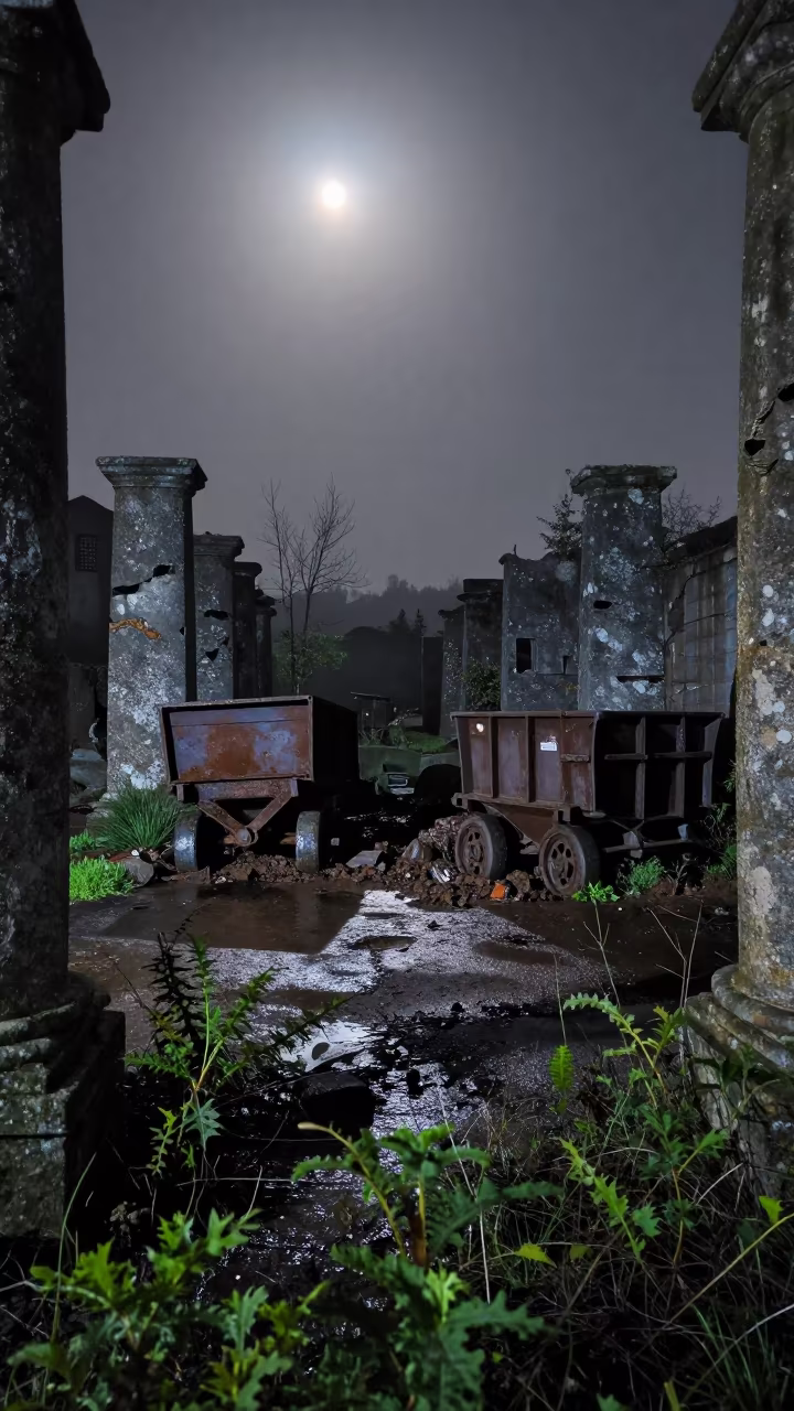 Moonlit Mining Ruin Sintra Ore Carts in among toppled columns and nettles near Sintra