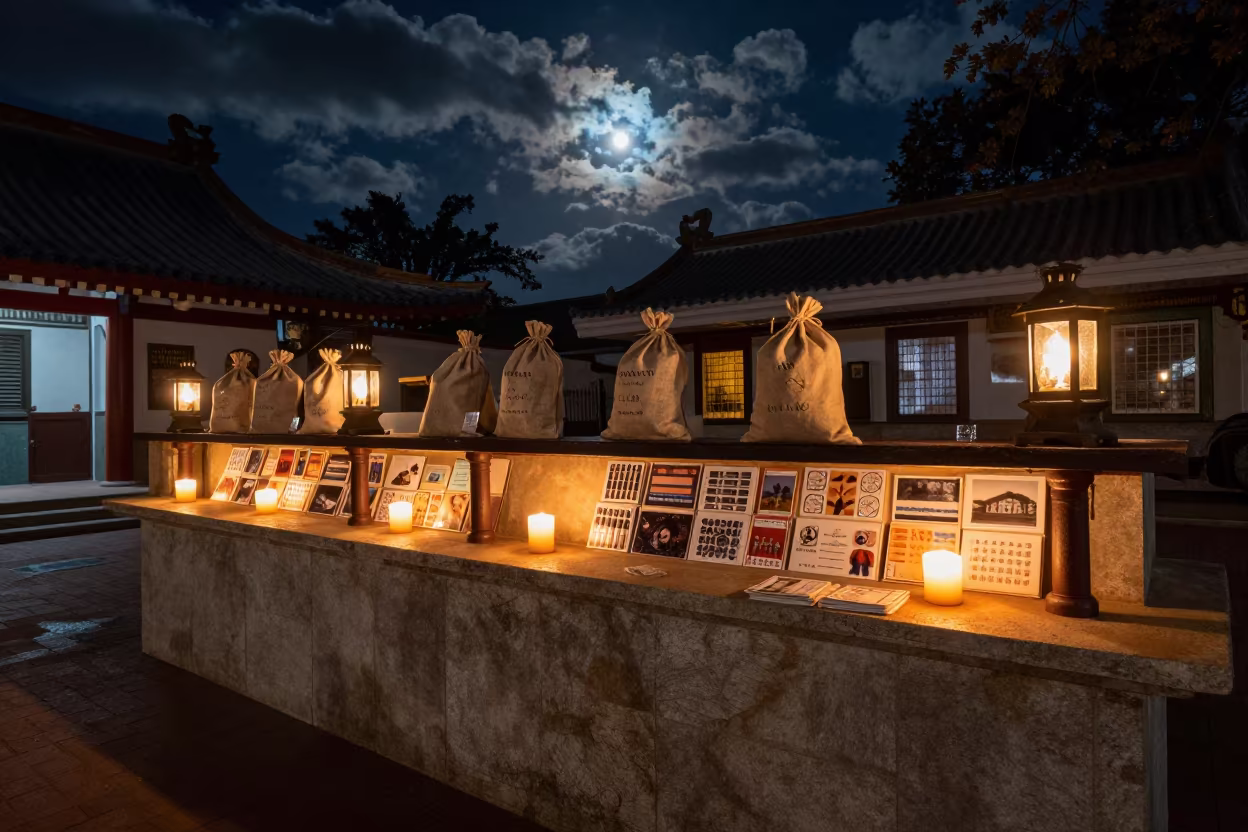 Moonlit Monastery Counter Miami Candles Winter Night in in a temple courtyard near Overtown, Miami