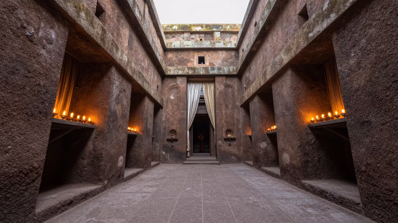 Moonlit Monastery Path Butter Lamps in Lalibela Abbey in inside a candlelit abbey nave in Lalibela