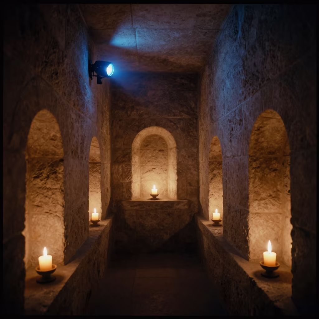 Moonlit Monastery Path Butter Lamps Tehran in inside a stone chapel in Tabiat Bridge, Tehran