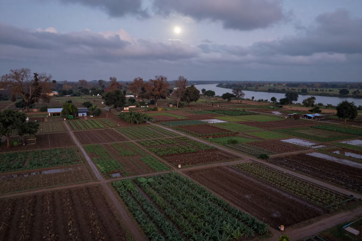 Moonlit Monsoon Allotments Over Pune River in far above river meanders near Pune