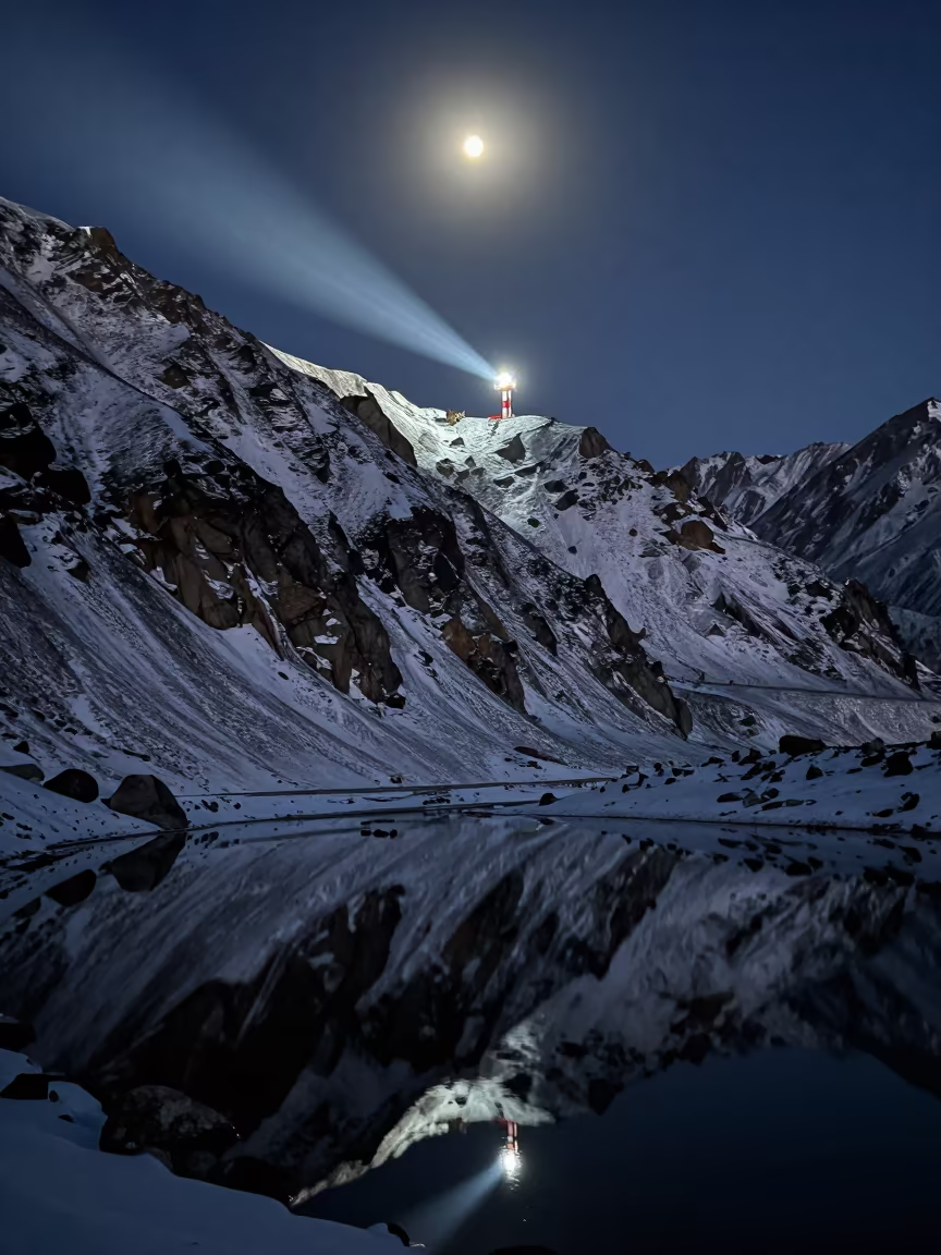 Moonlit Mountain Pass with Snow Reflections in at a rocky saddle overlooking a mountain valley near Leh