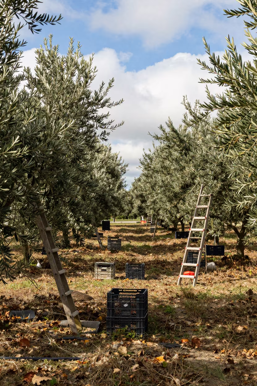 Moonlit Olive Grove Florida Midday Labor in among orchard ladders and crates in Florida