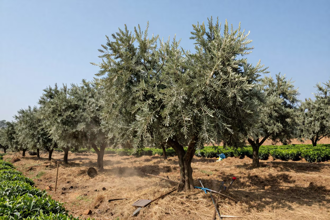 Moonlit Olive Grove at Noon Tea Estate in at the edge of a tea plantation near Mumbai