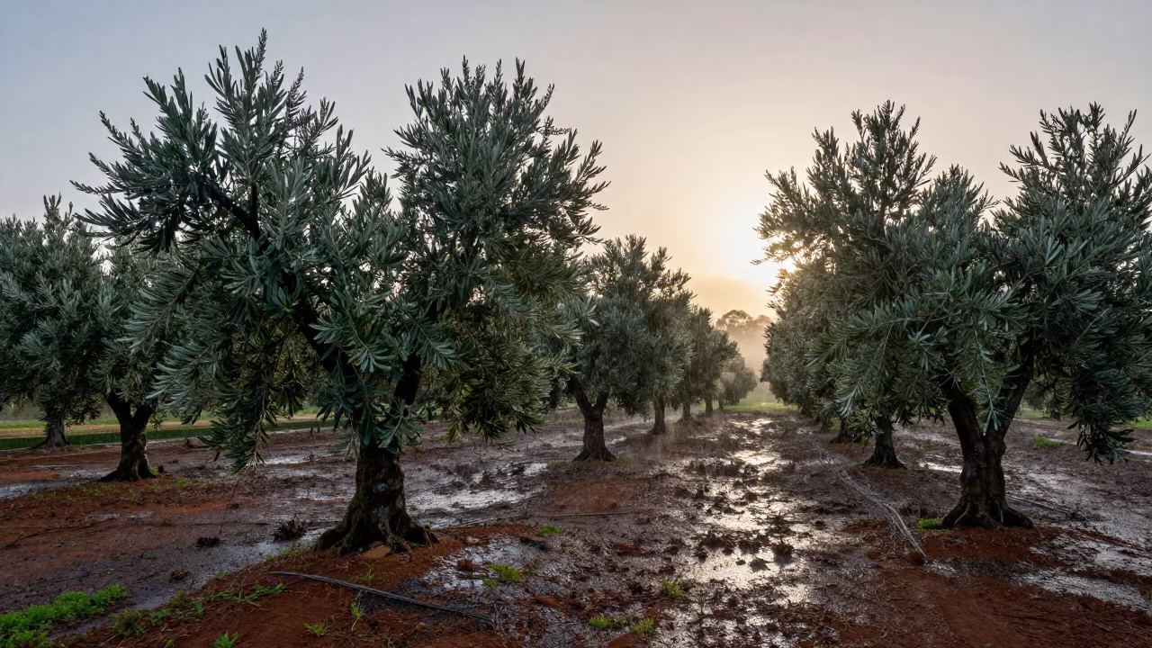 Moonlit Olive Grove Rows Queensland Dawn in along freshly irrigated rows in Queensland