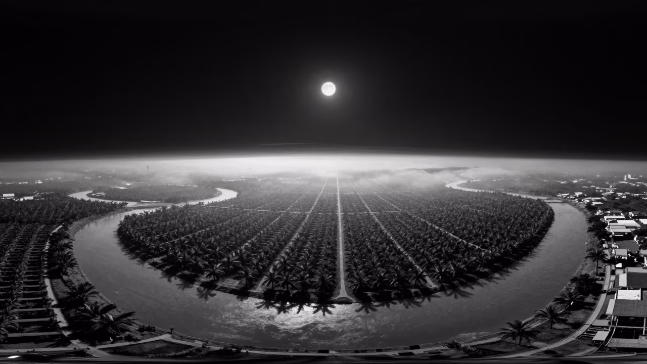 Moonlit Palm Oil Rows Over Braided River in high above braided river channels near Binh Thanh, Ho Chi Minh City