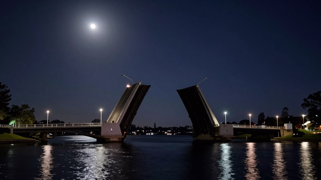 Moonlit Perth Drawbridge Bascule Span Paused Against Night Sky Over Swan River in in Perth, Western Australia, Australia