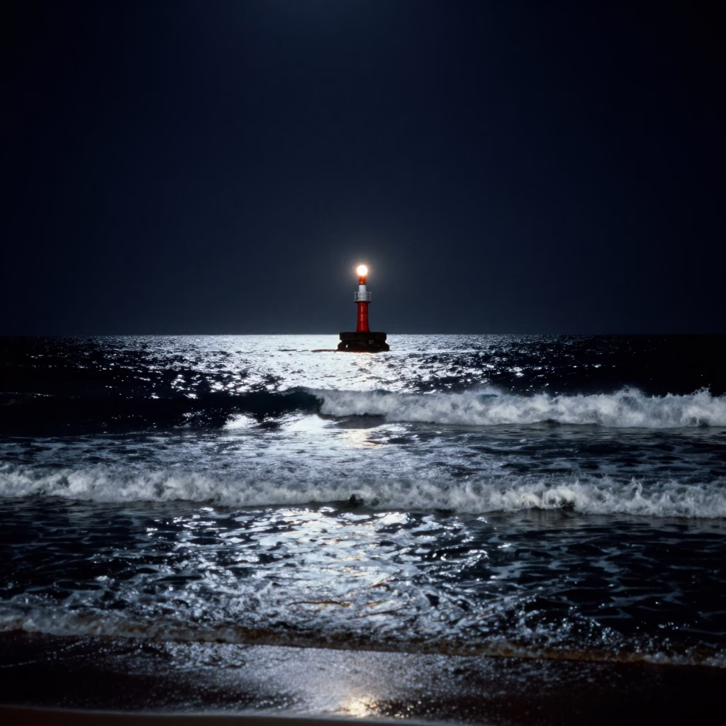 Moonlit Perth Night Surf Breaking Against Lone Breakwater Beacon in Western Australia in in Perth, Western Australia, Australia