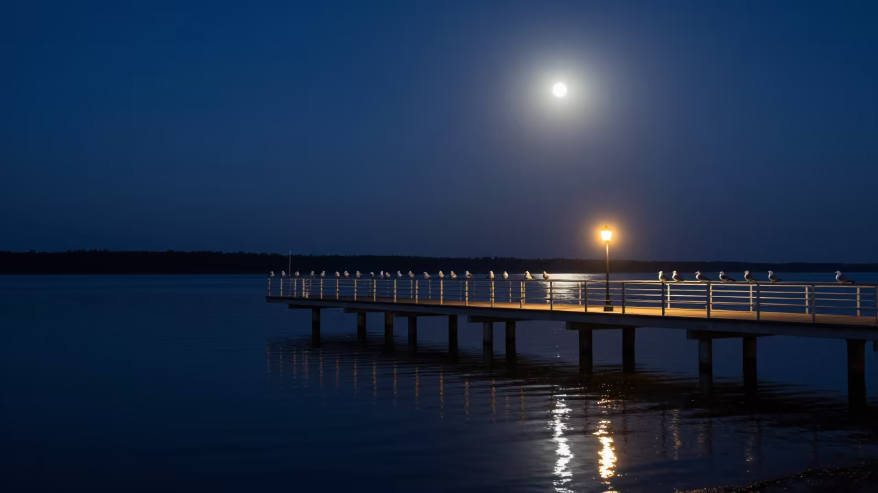 Moonlit Pier Gulls Belarus Night Reflections in under the clearest stretch of sky in Belarus