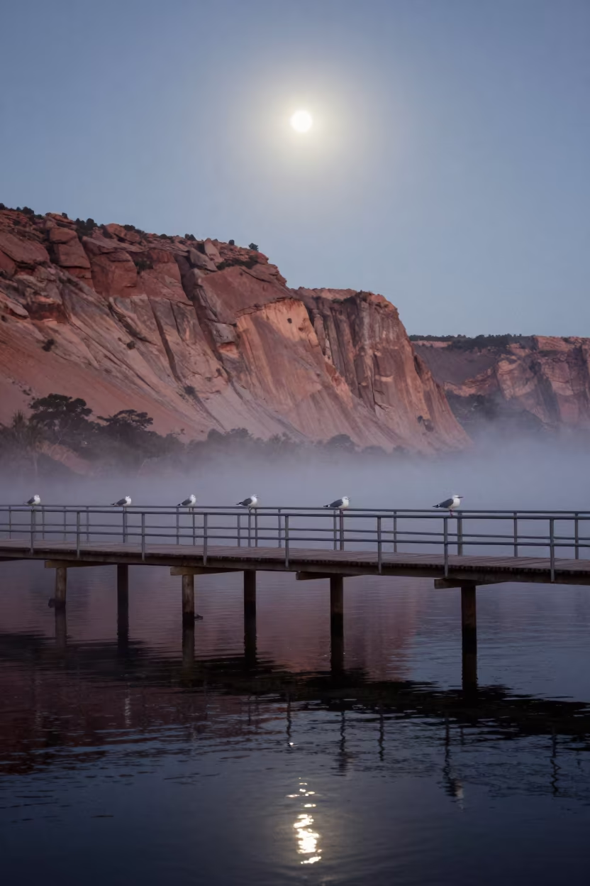 Moonlit Pier and Gulls Under Desert Escarpment in beneath a wind-cut desert escarpment in Rio Grande do Sul