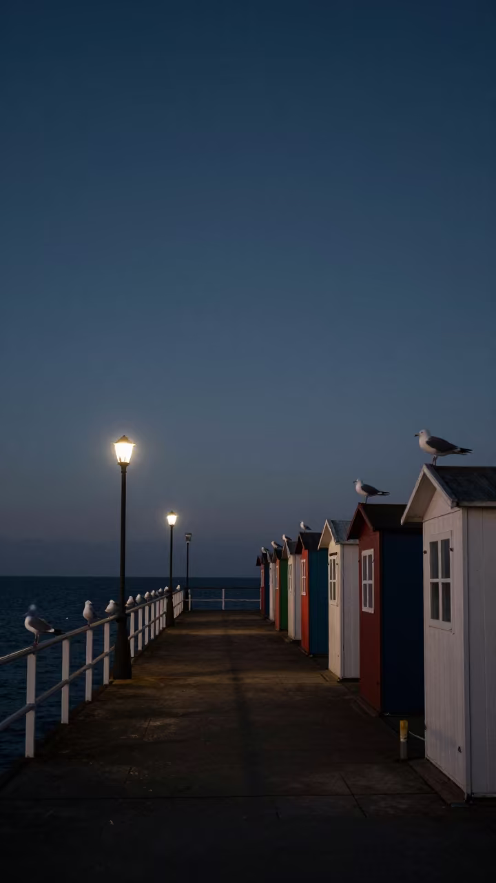 Moonlit Pier with Shoebox Houses and Sleeping Gulls in beside a lantern-dotted harbor in Minas Gerais