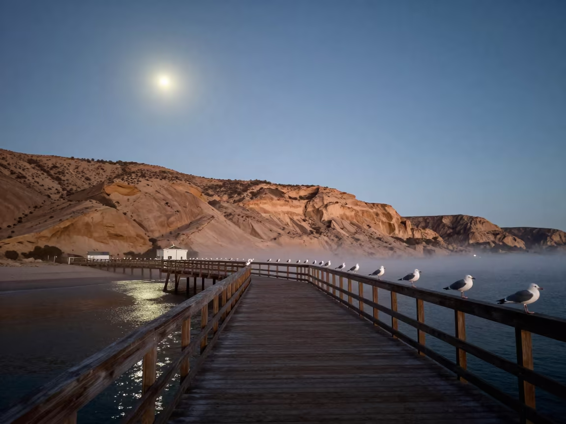 Moonlit Pier and Sleeping Gulls at Desert Escarpment in beneath a wind-cut desert escarpment near Kharkiv
