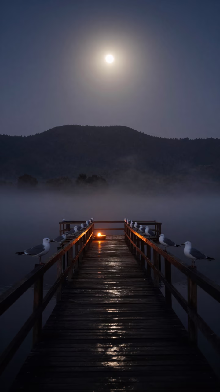Moonlit Pier with Sleeping Gulls in Niger in from a quiet alpine saddle in Niger