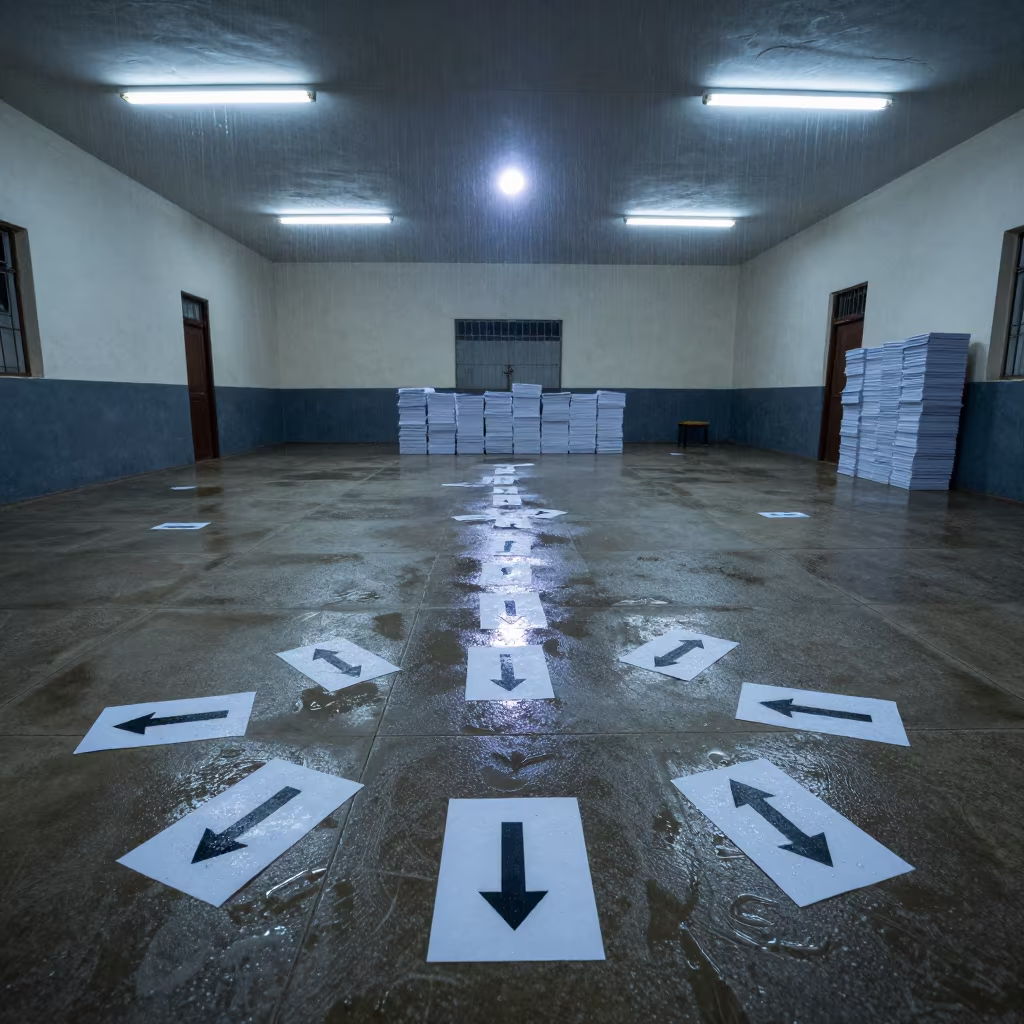 Moonlit Polling Floor Arrows Umbrella Drips Kumasi in in a fluorescent town hall meeting room near Kumasi