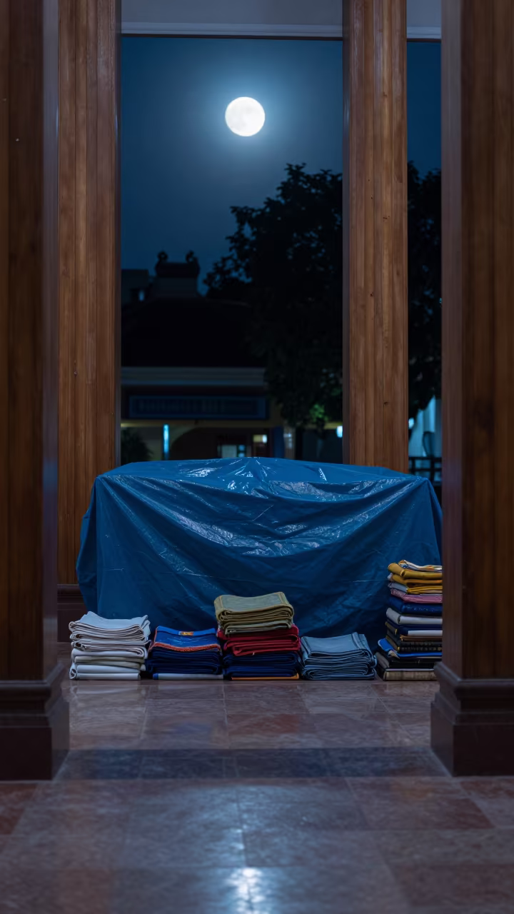 Moonlit Prayer Hall Artifacts Under Monsoon Tarps in in a prayer hall in Ho Chi Minh City