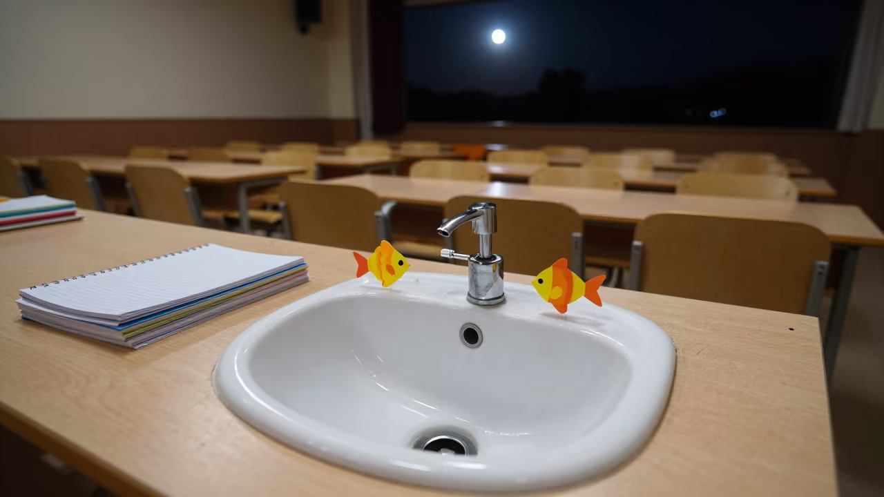 Moonlit Preschool Sink with Paper Fish in Çorum Hall in in a lecture hall before the crowd arrives in Çorum