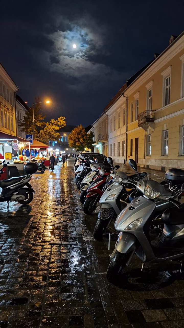 Moonlit Puddle Reflection of Scooters Szeged Market in along a market-lined side street in Szeged