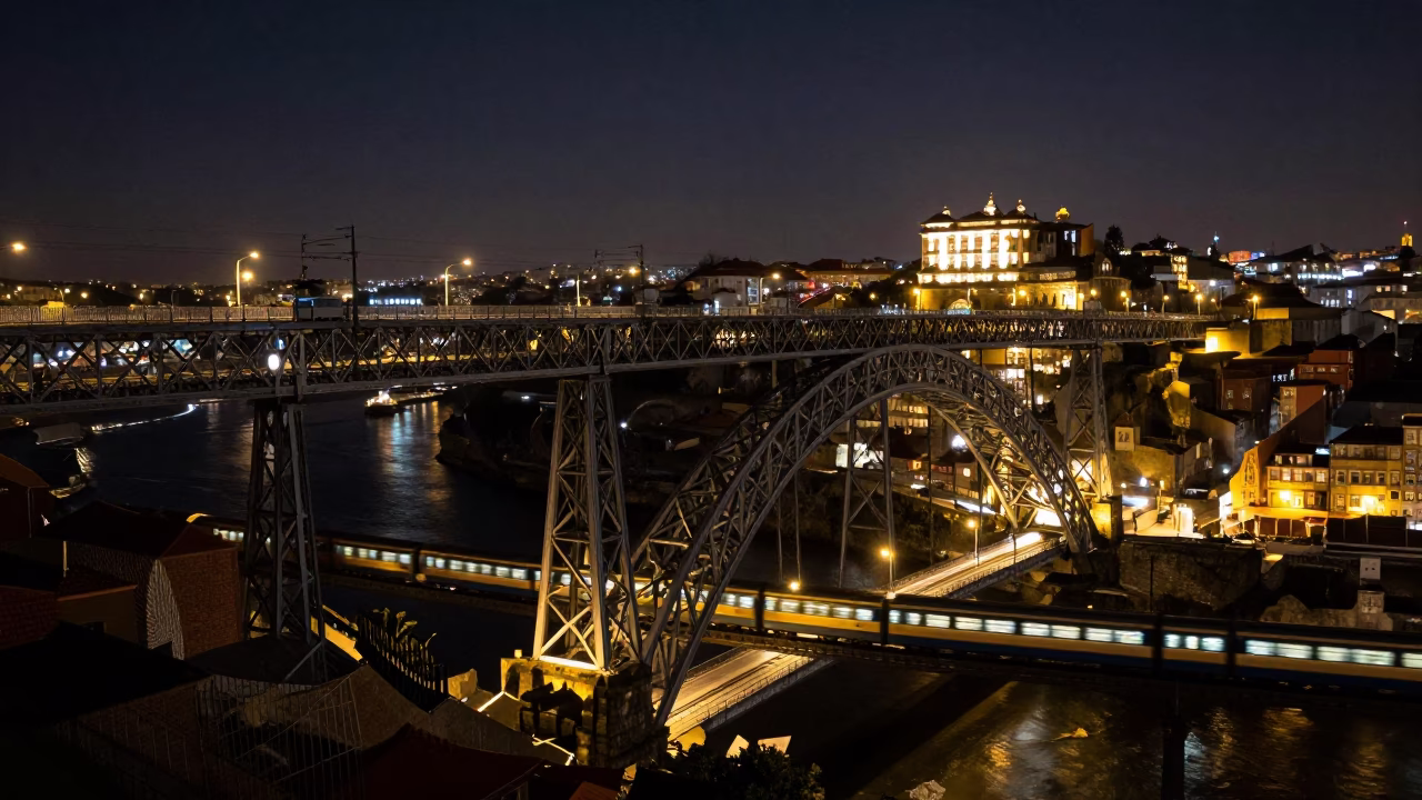 Moonlit Railway Viaduct and Passing Train in Deep Night Porto Portugal in in Porto, Portugal