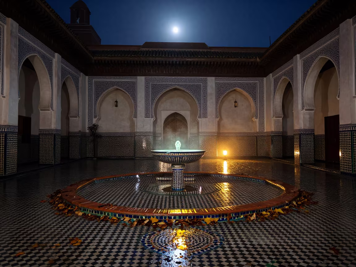 Moonlit Riad Terrace Reflections Autumn Marrakech in in a riad courtyard in Mouassine, Marrakech