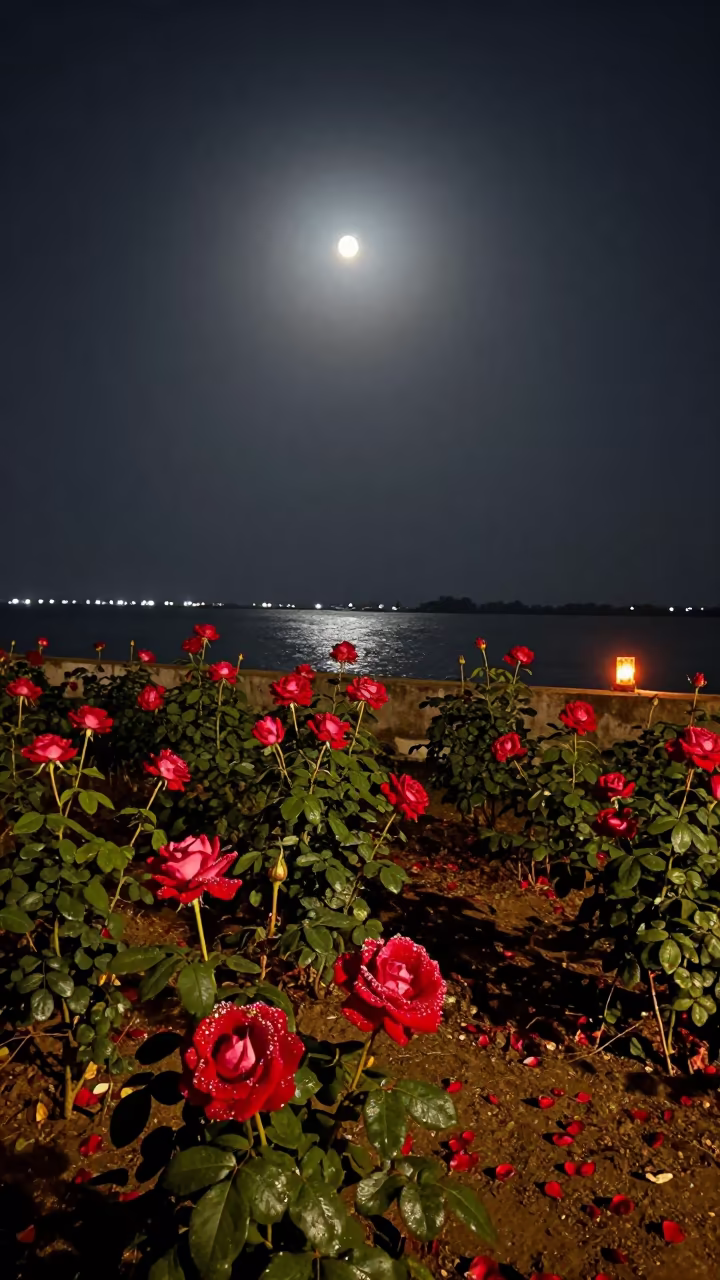 Moonlit Rose Garden Harbor Prayagraj Night in beside a lantern-dotted harbor near Prayagraj