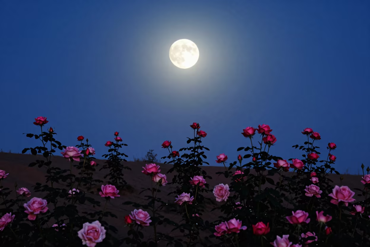 Moonlit Rose Garden on Zhejiang Dune Overlook in from a dune-backed overlook in clear desert air in Zhejiang