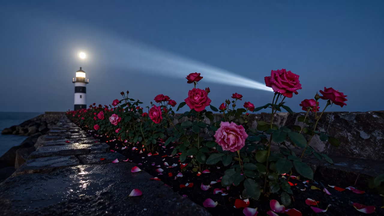 Moonlit Roses on Colombian Breakwater with Dew in from a moonlit breakwater in Colombia