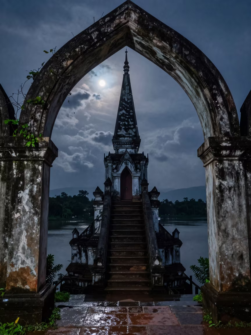 Moonlit Ruin Staircase Under Stone Arch in beneath a broken stone arch near Vientiane