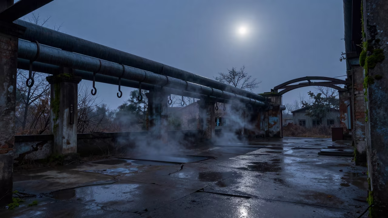 Moonlit Ruined Bathhouse with Steam Pipes in inside a roofless nave near Satna