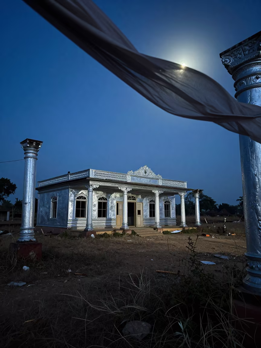 Moonlit Saloon Ruin Amidst Nettles and Columns in among toppled columns and nettles near Madurai