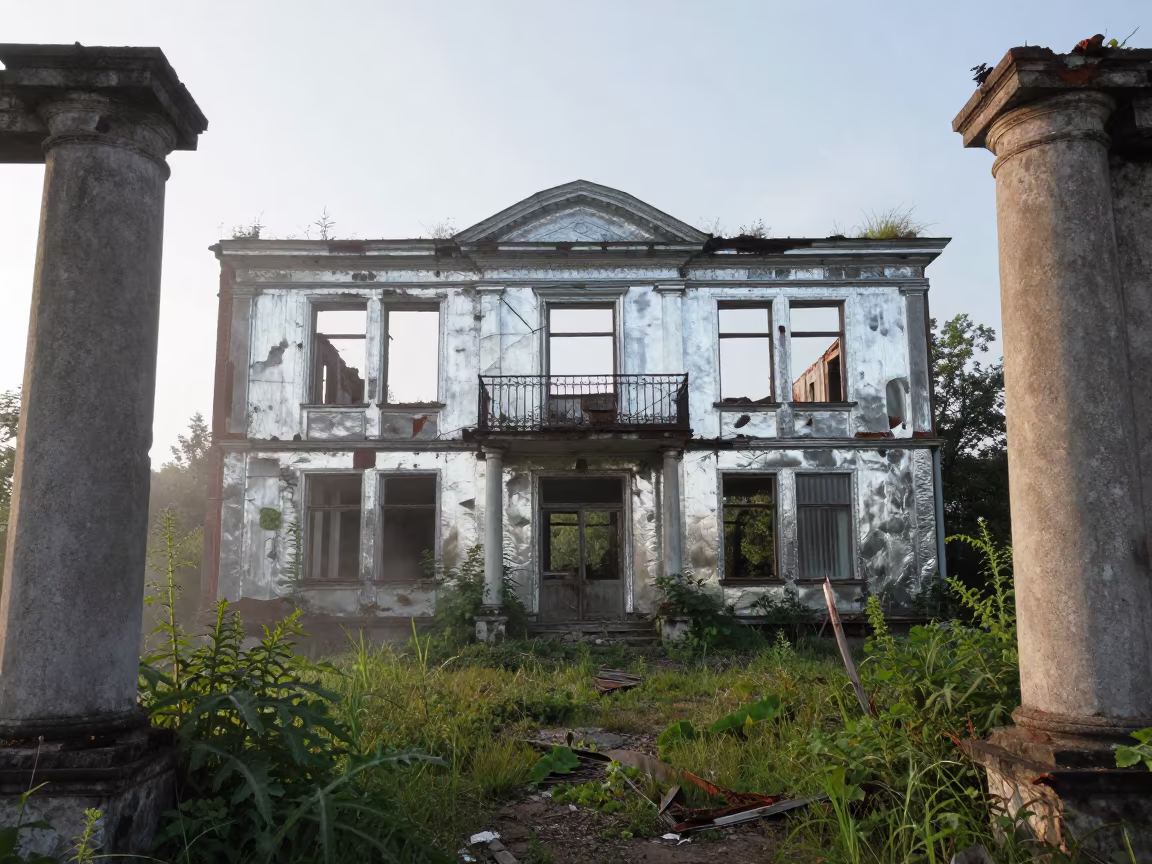 Moonlit Saloon Ruin Among Nettles and Fog in among toppled columns and nettles in Poland
