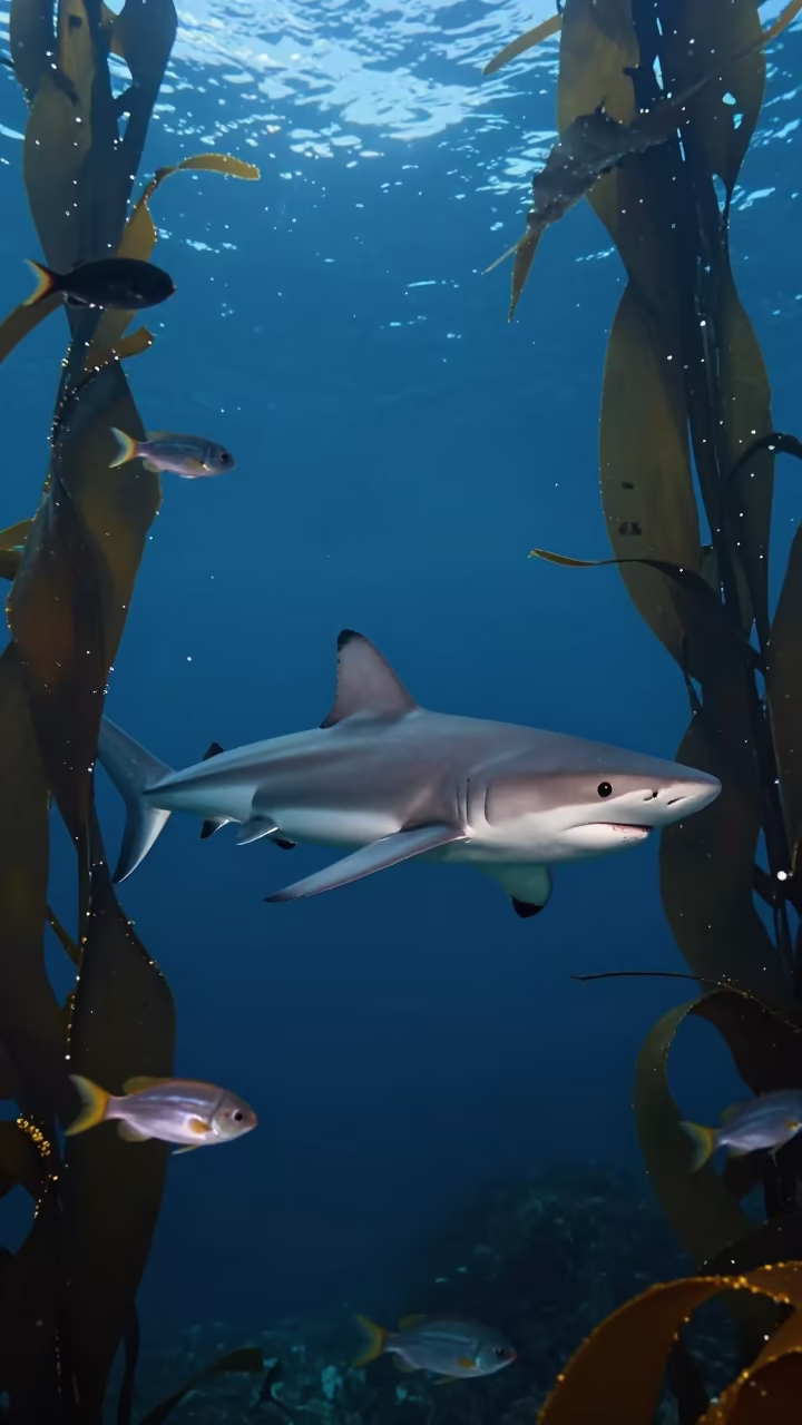 Moonlit Shark and Pilot Fish in Italian Kelp in through a forest of kelp fronds in Italy