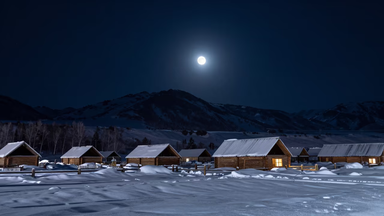 Moonlit Siberian Village Under Polar Night Sky in from a frost-hushed ridgeline in Siberia