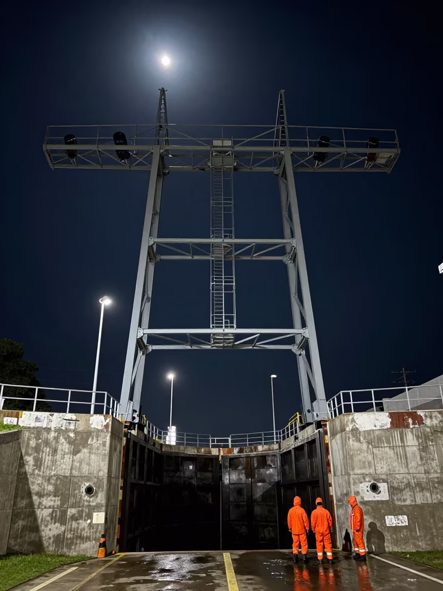 Moonlit Signal Gantry Over Canal Lock Workers in at a canal lock chamber in Mexico