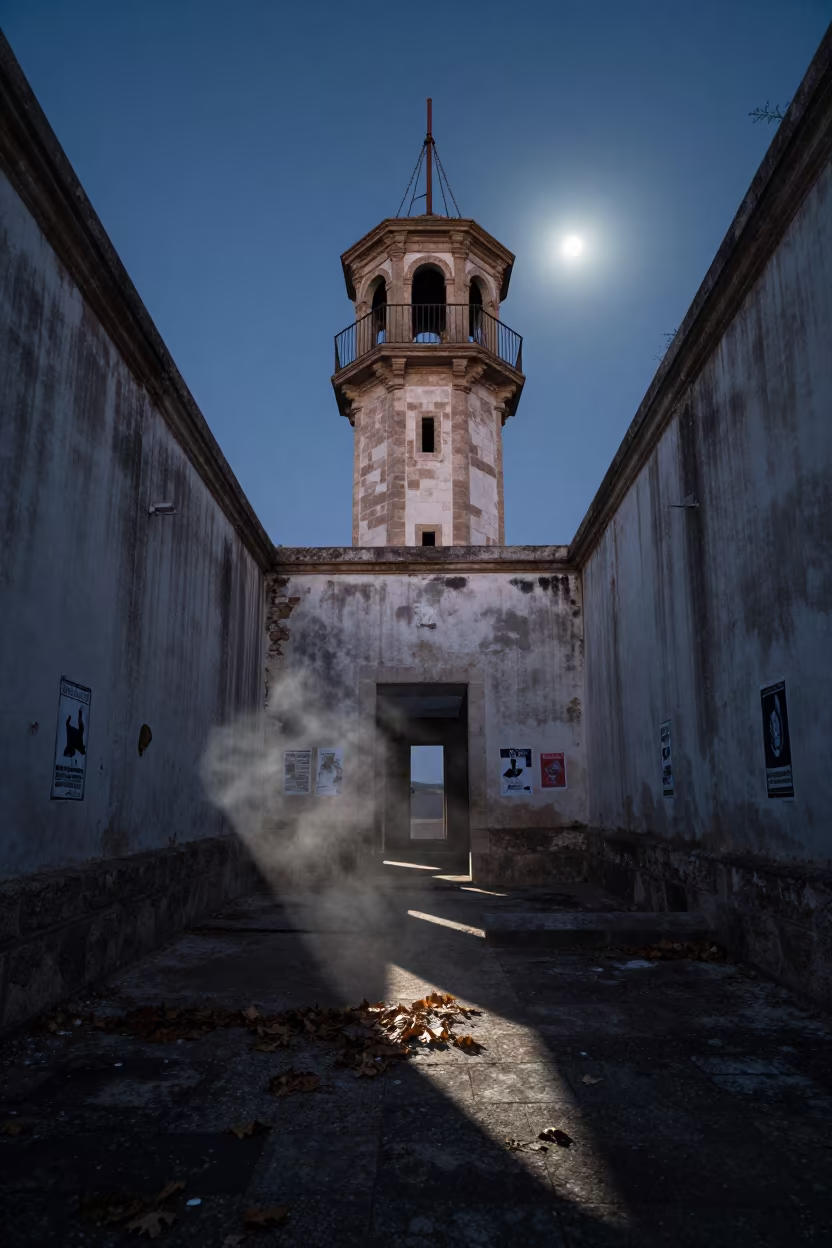 Moonlit Signal Tower Ruin in Andalusian Hammam in inside a roofless hammam in Andalusia