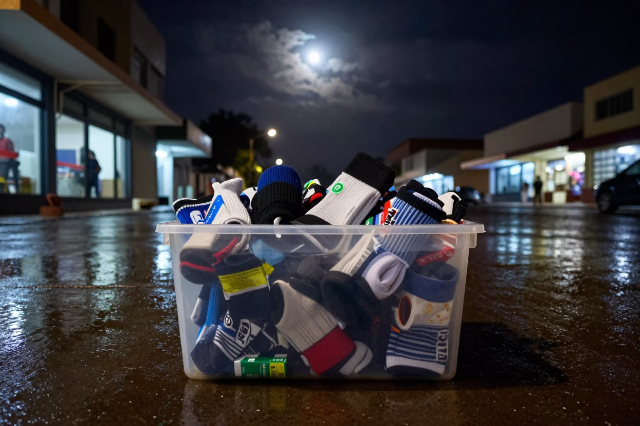 Moonlit Ski Boot Sock Bin in Bamako Rain in along a storefront glass line on a wet street in Bamako
