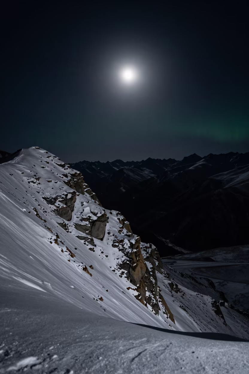 Moonlit Snowy Mountain Pass Near Lhasa in at a rocky saddle overlooking a mountain valley near Lhasa