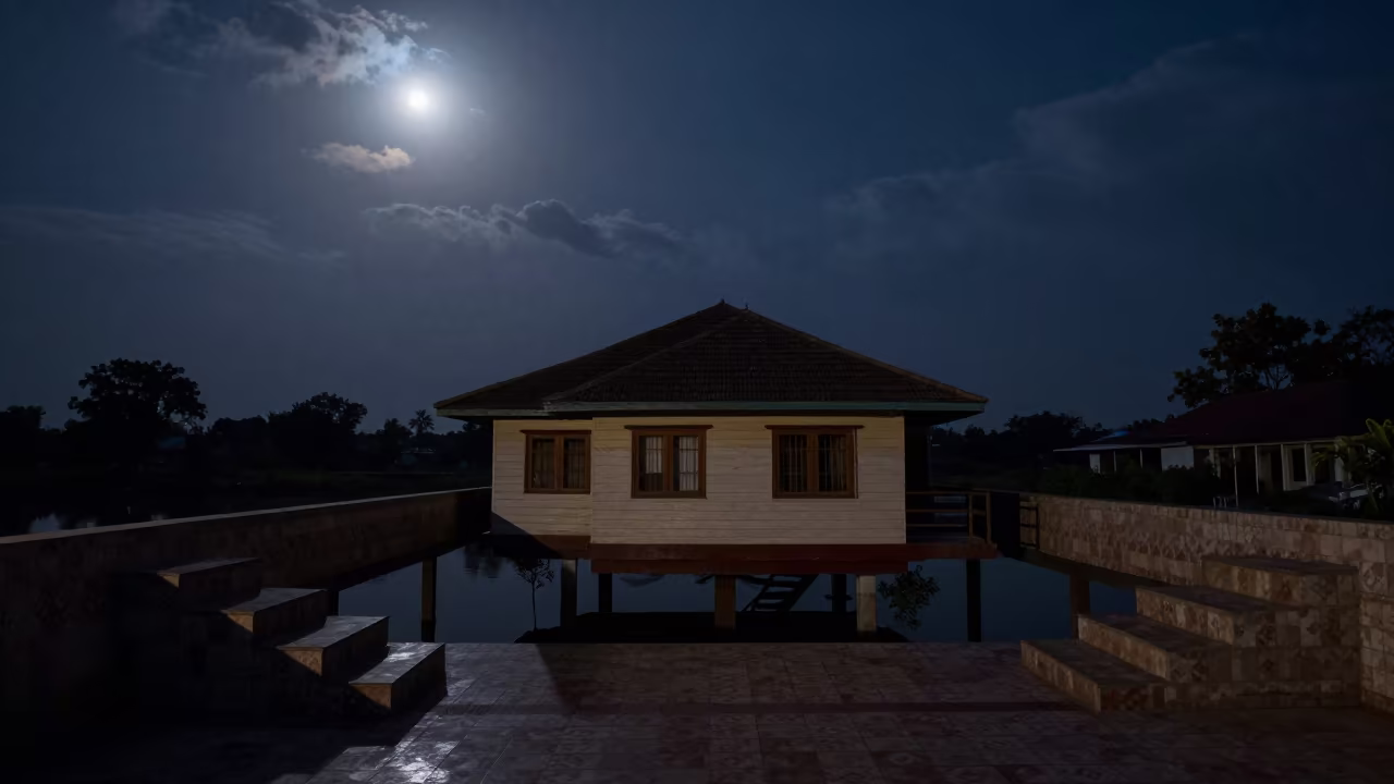 Moonlit Stair Hall Near Solapur With Reed House in inside a tiled stair hall near Solapur